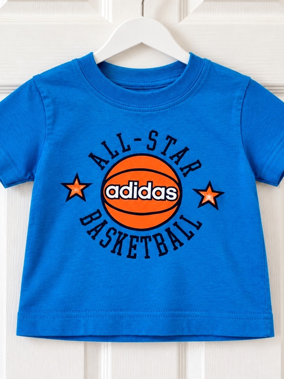 adidas Blue Short-Sleeve All-Star Basketball Tee with Orange Graphic